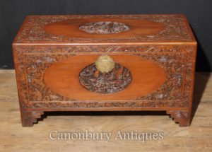 Antico cinese intagliato canfora legno Petto bagagli Tavolo Tronco