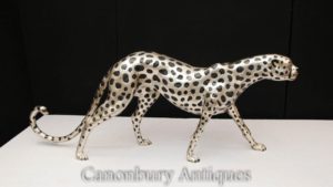 Grande piatto d'argento Cheetah Statua Art Deco bronzo Gatti