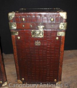Leather Coppia inglese Tabelle Deposito petto Steamer Trunk Box coccodrillo