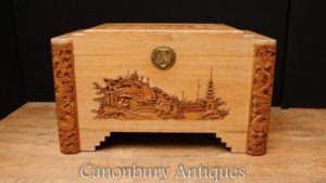 Mano antico intagliato canfora legno Petto Tronco Hong Kong Chinese 1920