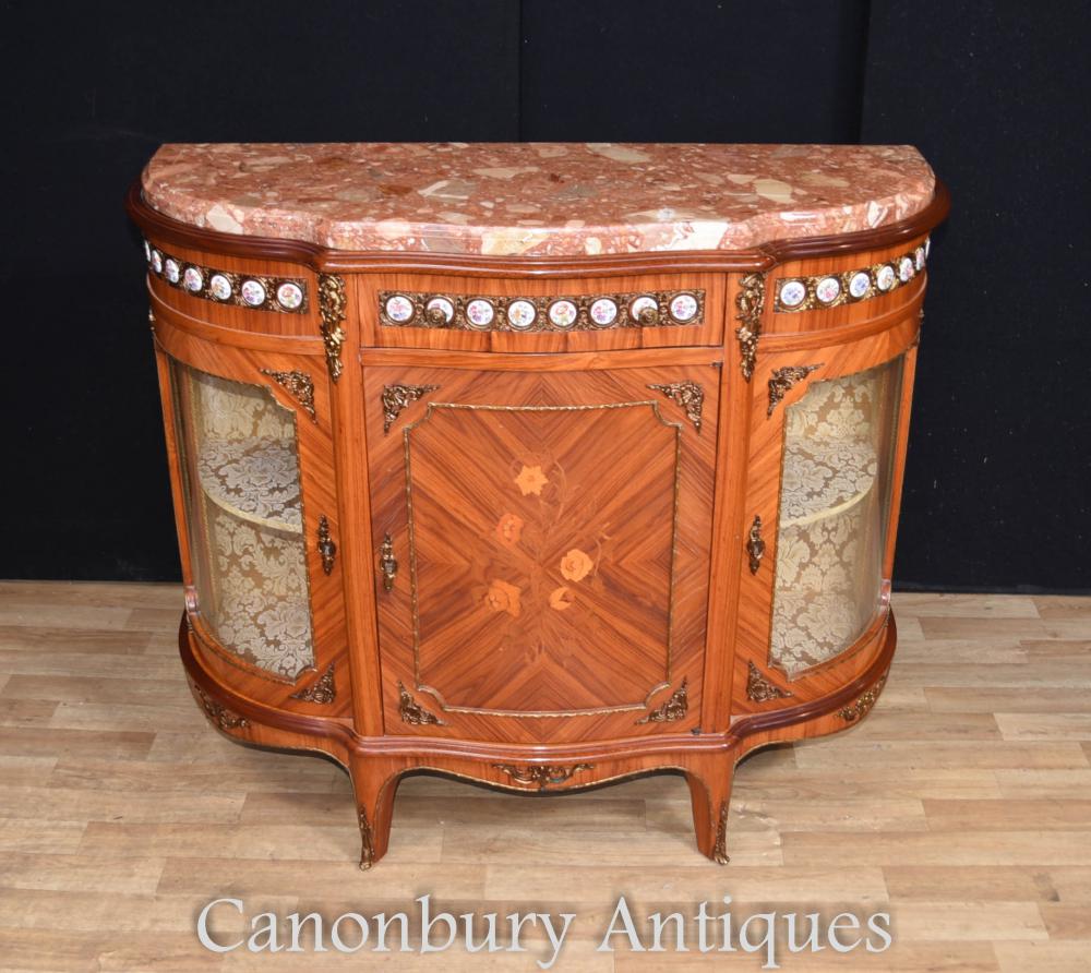 Antique Kingwood Francese Credenza porcellana placche Inlay