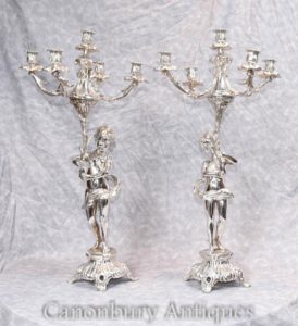 Pair Regency Silver Plate Cherubini Candelabri Candlesticks Putti Cherubim