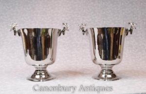Pair Victorian Silver Plate Stag Vino Coolers Champagne Buckets Urns