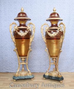 Pair Big Francese Taglio Vetro Amphora Urns Vasi Luigi XVI