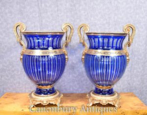 Pair Blue Impero Francese Vasi Bulbo Urns Ormolu Fixtures