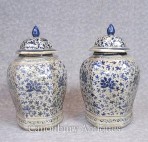 Pair Cinese Nanking Porcellana Ginger Temple Urns Vasi Vaso