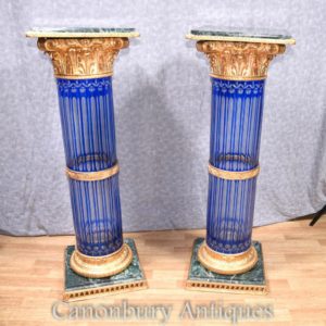 Pair Empire Cut Glass Colonna Corinthian Stands Pedestal Tables