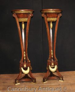 Pair Empire Francese Torcheres Mahogany Stands Planters Jardinieres