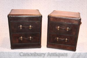 Pair Leather Campaign Cassettiere di cassetti Nightstown Bedside Furniture Colonial