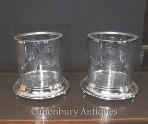 Pair Vittoriano Argento Plate Cut Glass Urns Vasi Planters