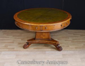 Regency Walnut Center tavolo in tamburo in pelle da tavolo