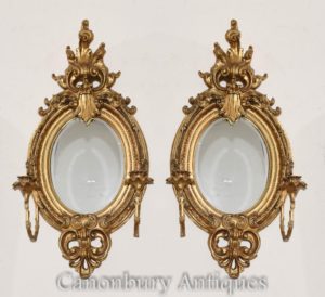 Coppia di Girandoles dorati francesi in stile Luigi XVI con specchi di candelabro