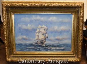 Pittura a olio inglese nave Sea Scape Maritime Art