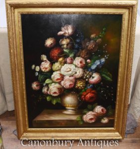 Grande pittura a olio di Nature morte di visualizzazione del fiore del Victorian