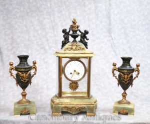 Antique Empire Onyx Gilt Clock Set Timepiece Cherub Garniture