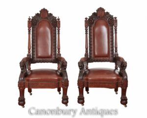 Coppia di poltrone da biblioteca intagliate Troni del Rinascimento italiano 1880