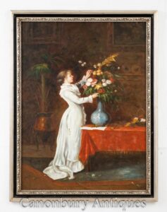 Ragazza vittoriana della pittura a olio del fiore organizza - ritratto floreale