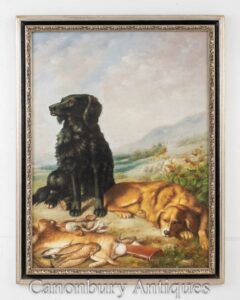 Scena della pittura a olio della caccia al cane - Retriever inglese e caccia alla lepre