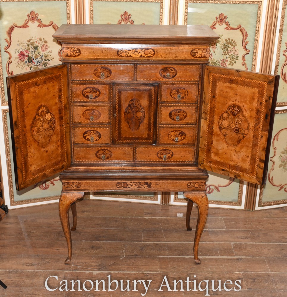 Mobiletto da collezione olandese intarsiato - Antico intarsio in noce Queen Anne del 1860