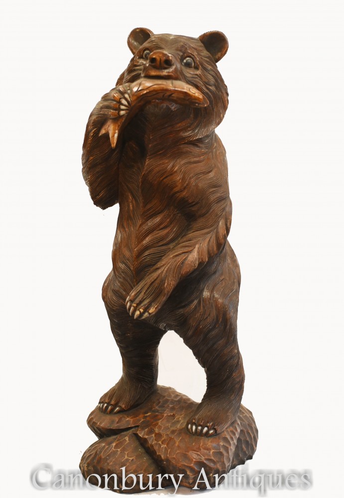 Orso della Foresta Nera e salmone intagliato statua Brown American Hunting Lodge