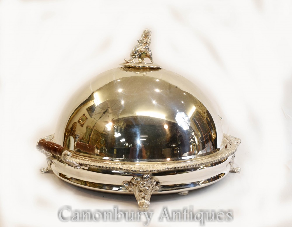 Piatto da portata in argento con cupola, cibo, carne, georgiano, stoviglie