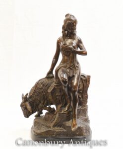 Statua classica in bronzo di Diana Archer e ariete - Roman Hunter Art