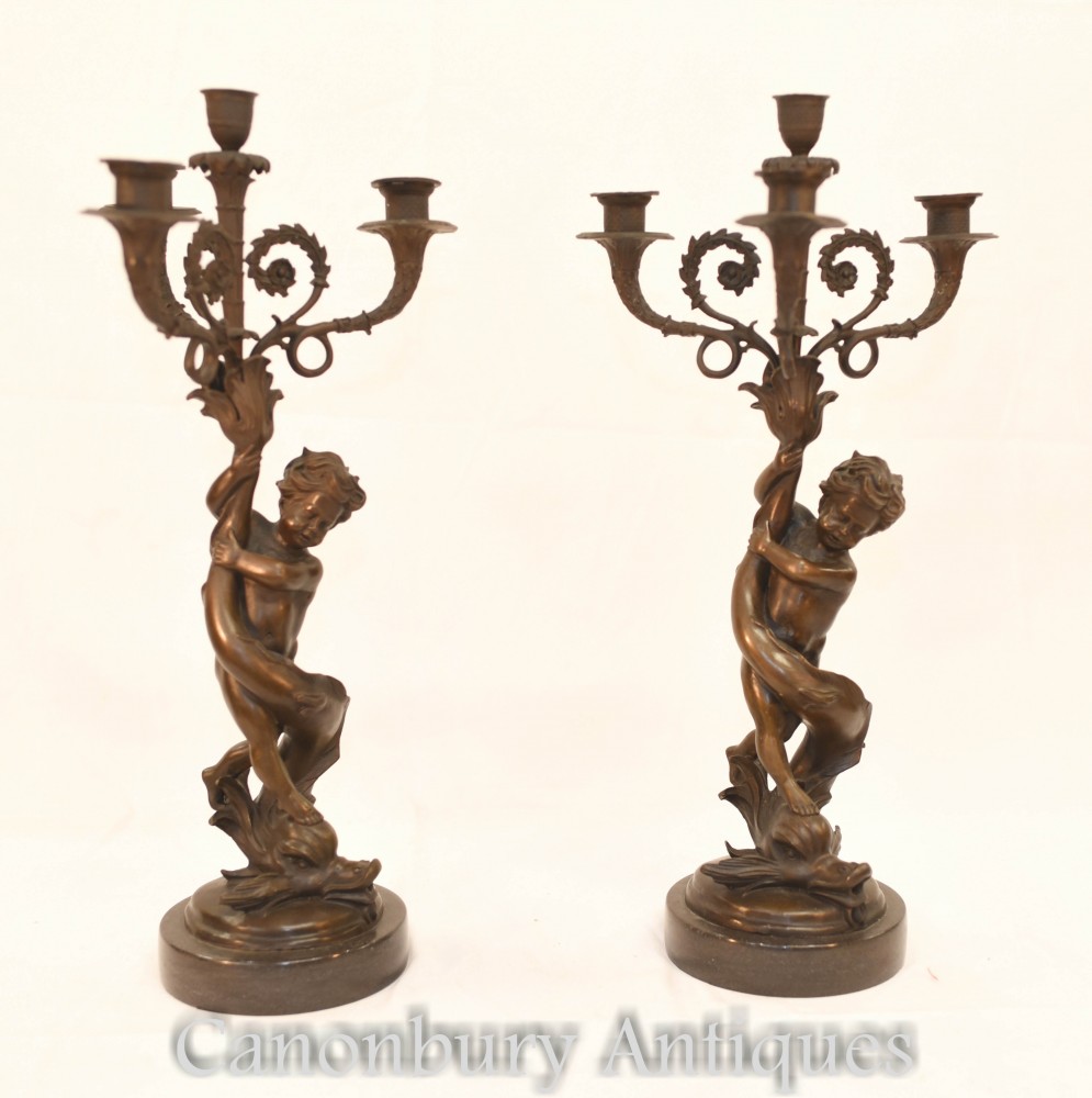 Coppia di candelabri Cherubino in bronzo - Serpente in fusione di candela francese