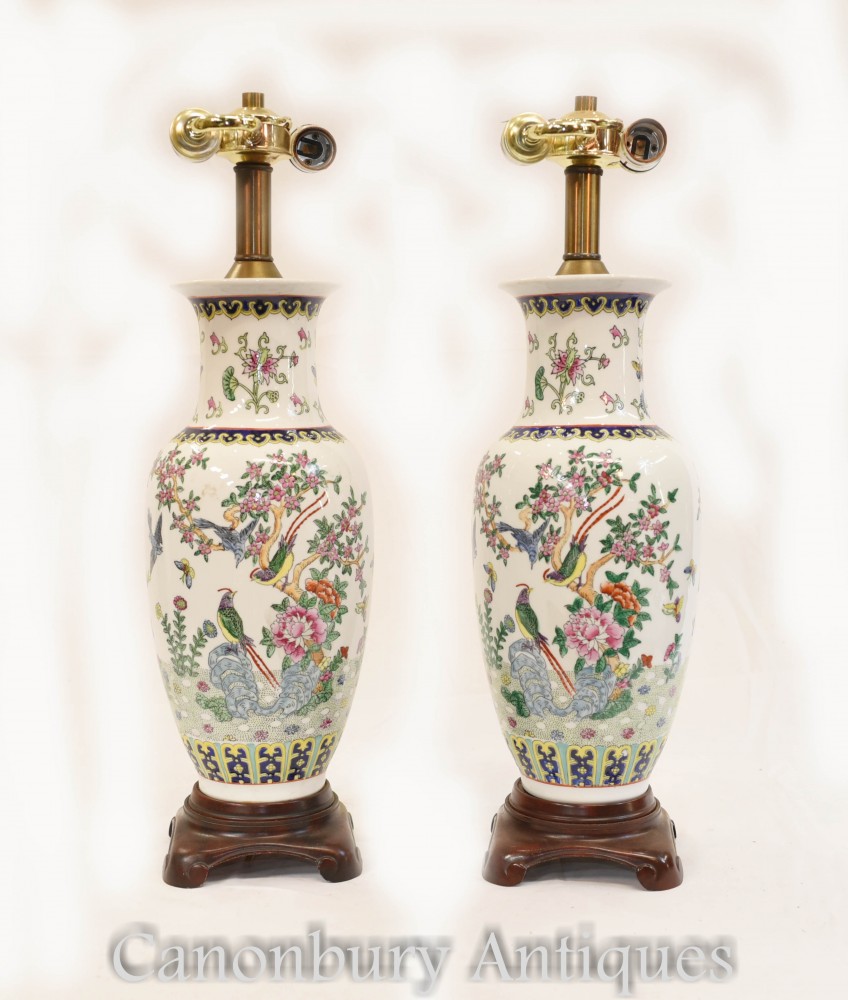 Coppia di lampade da tavolo in porcellana cinese - Lampada da urna in vaso dipinto