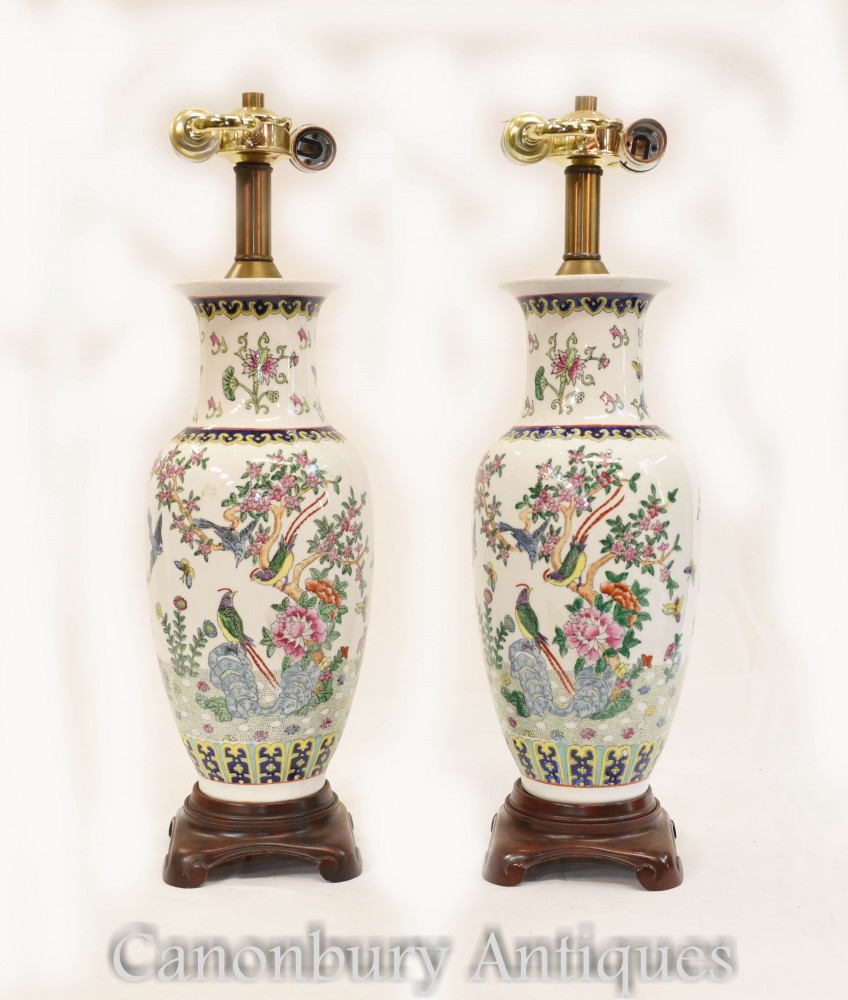 Coppia di lampade da tavolo in porcellana cinese - Lampada da urna in vaso dipinto