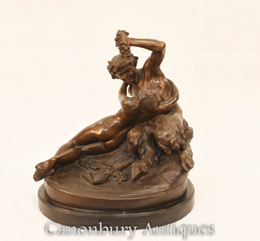 Pan di bronzo classico e statua di nudo femminile - Statuetta del mito romano