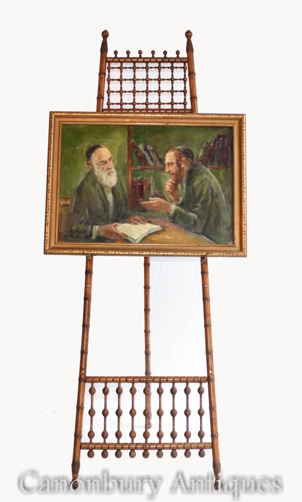 Pittura a olio ebreo e rabbino ritratto antico arte giudaica yiddish 1930
