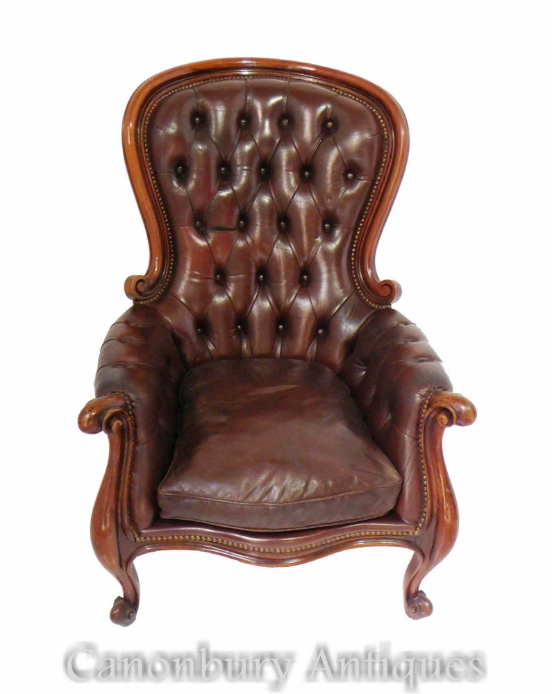 Poltrona vittoriana con schienale a palloncino - Seduta in pelle con bottoni profondi 1880